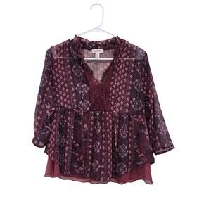 Arizona Jean Co. Sheer Ruffle Long Sleeve Peasant Boho Blouse Red Size Small